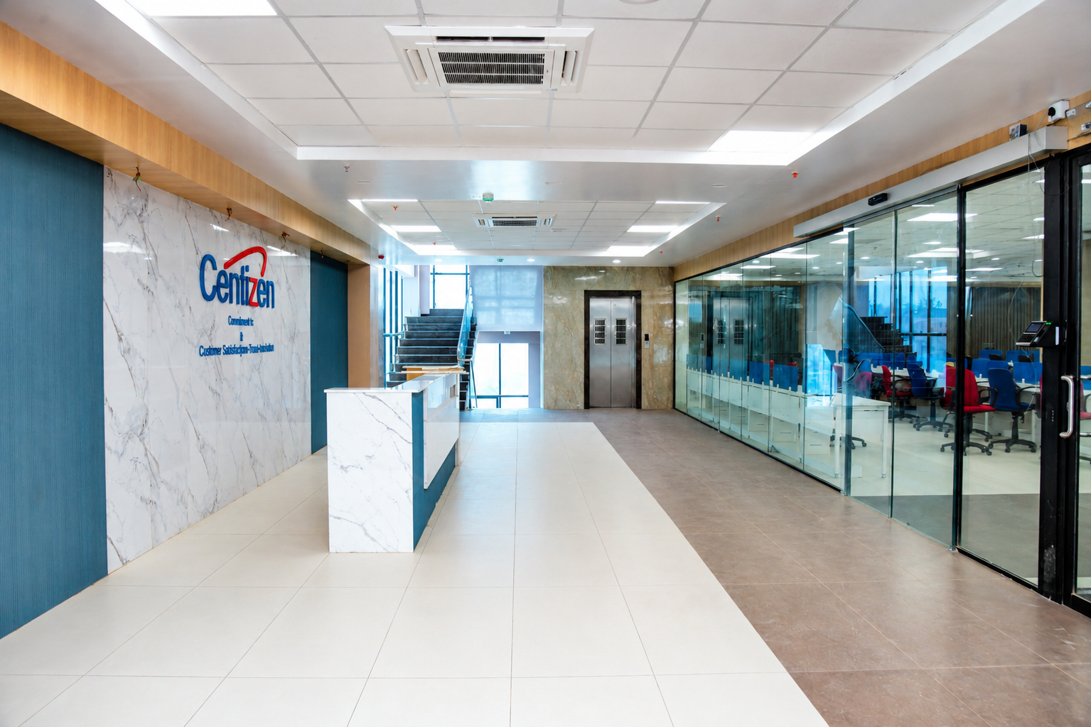 Ground-floor lobby and reception area at ZenoVus Park